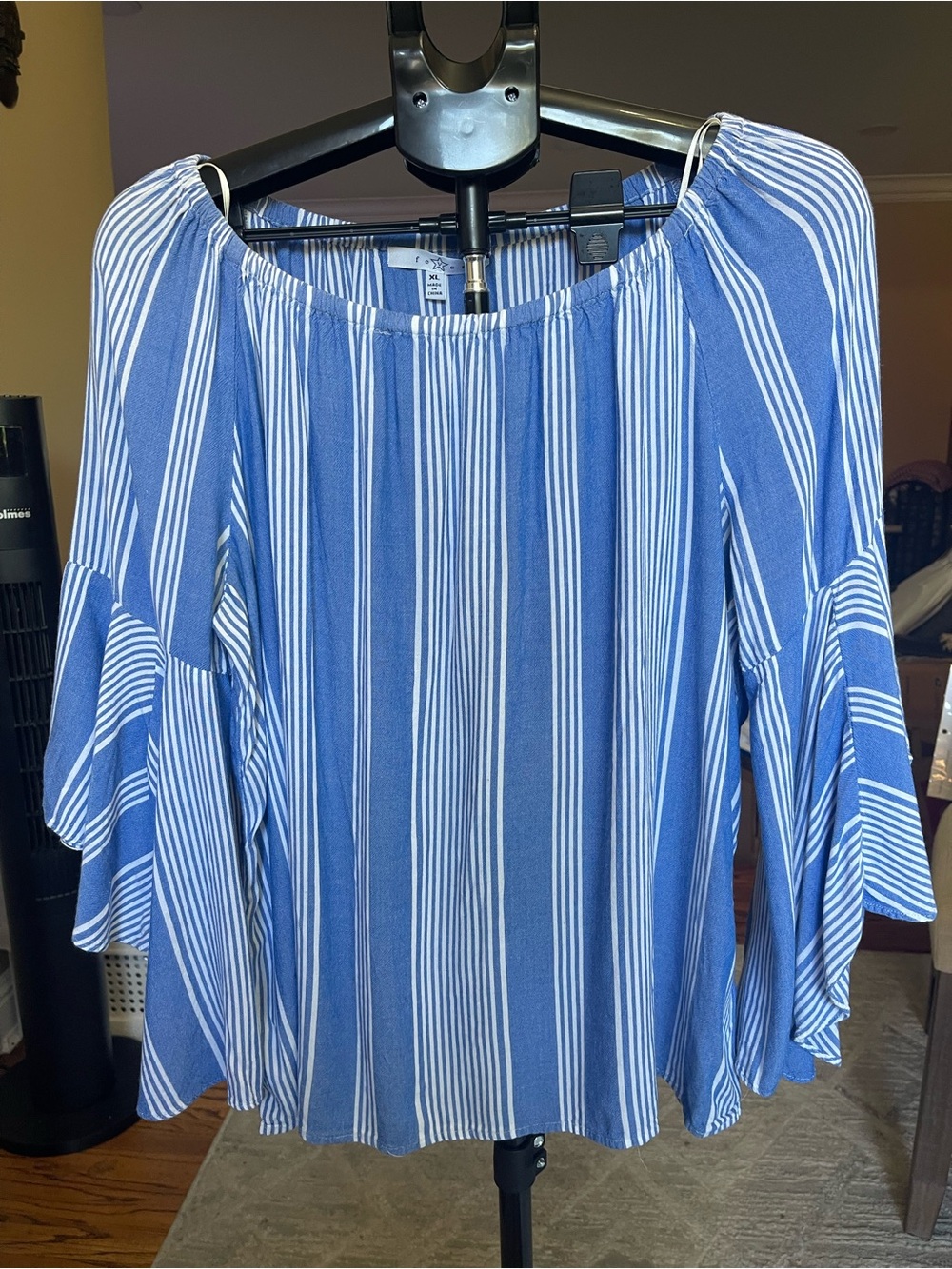 Fever Blue and White Striped Off-Shoulder Bell Sleeve Blouse